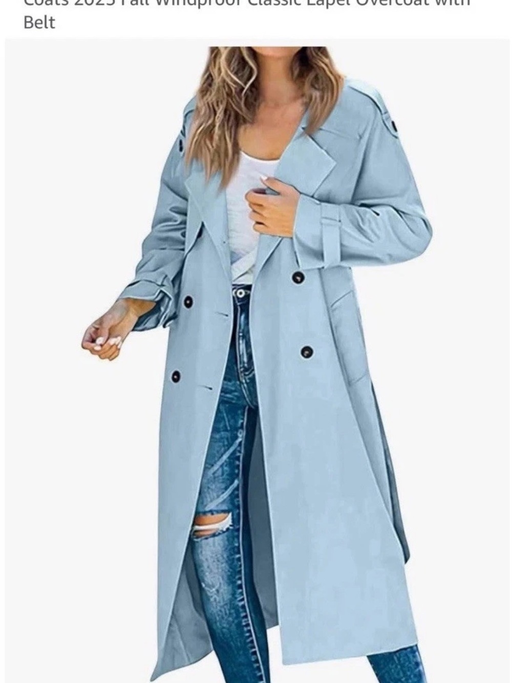 Women's Light Blue Double-Breasted Trench Coat with Belt
